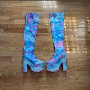 Dolls Kill Tie-Dye Platform Knee-High Boots in Blue & Pink